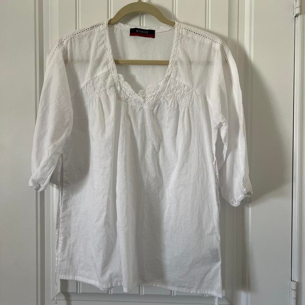 Kikit Style Large White Cotton Eyelet Lace Peasant Blouse Boho